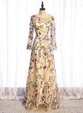A-Line Gold Tulle Embroidery Long Sleeve Prom Dress